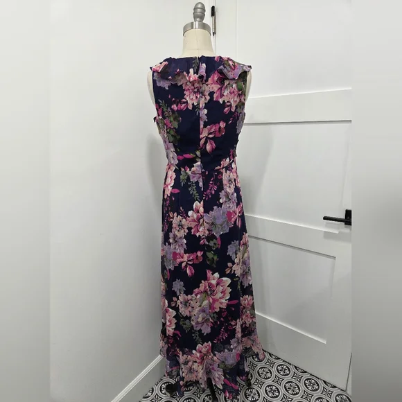 London Times Women's Ruffled Chiffon Flowy Floral Faux Wrap Maxi Dress Size 6 - Picture 5 of 10